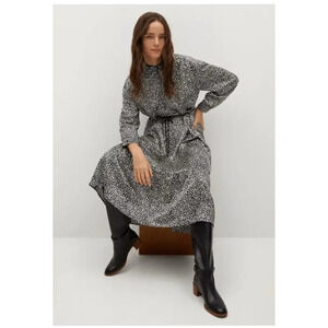 Mango Ruffle Printed‎ Dress Size 6 Ecru NWOT